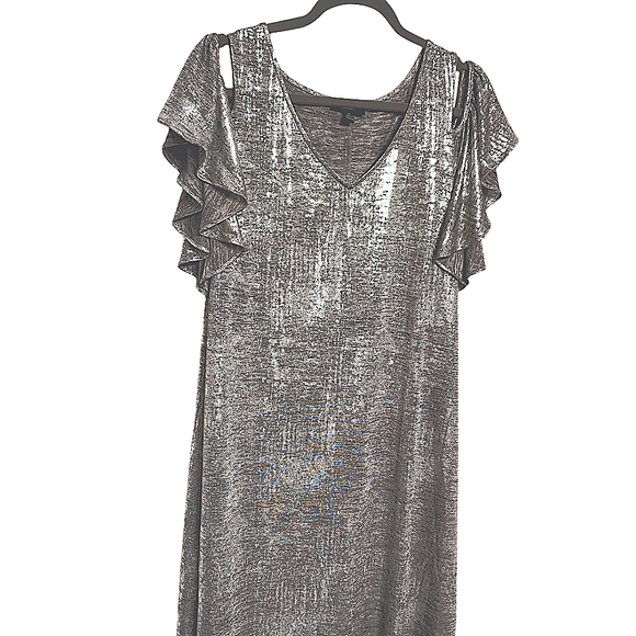 MSK Metallic Cold Shoulder Flutter Sleeve Dress XL Silver - Picture 5 of 11